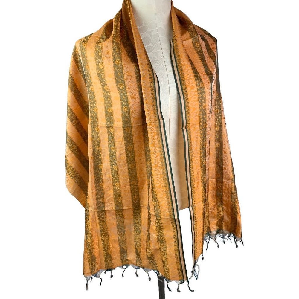 Orange Brown Stripe Fringed Shawl Scarf Lightweight 21" x 67" Floral
